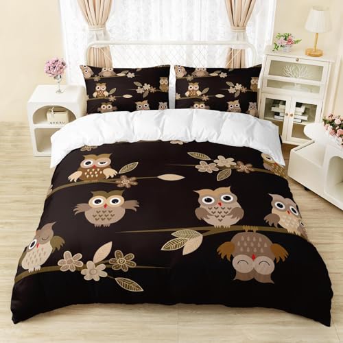 SJSXWQN Bettwäsche 135x200 Schwarze Eule Bettwäsche-Set mit Reißverschluss Schließung für Kinder Mädchen Weicher Atmungsaktive Mikrofaser Bettbezug + 2 Kopfkissenbezug 80x80 cm