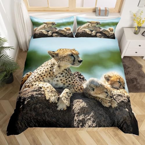 Pechiwuo Bettwäsche 135x200 Gepard Bettwäsche-Set Winter Weiche GebüRstet Mikrofaser Bettzeug Set 3D Gepard Kinderbettbezug 135x200 cm + 2 Kissenbezug 80x80 cm,C377