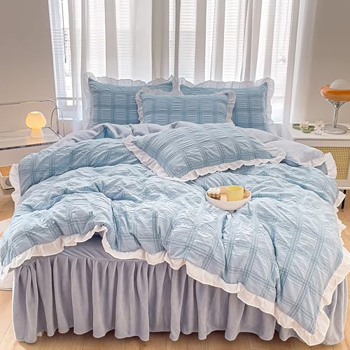 GETIYA Hellblau Seersucker Bettwäsche 135x200 Flauschige Mikrofaser Bettwäsche Blau Elegant Seersucker Bettbezug mit Rüschen Einzelbett Seersucker Bettwaren-Set mit 1 Kissenbezug 80x80