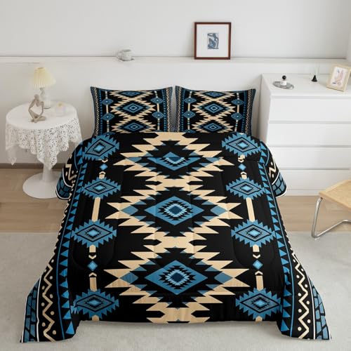 Feelyou Western-Bettwäsche-Set, blau, schwarz, südwestliche Azteken, volle Größe, Landhausstil, Indianer, rustikale Bettdecke