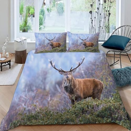 TACOKI Hirsch Elch Bettwäsche 200x200 Natürliche Landschaft Bettwäsche Set, 3D Muster Wendebettwäsche Bettbezug 3-teilig Weich Cozy Mikrofaser Bettbezüge + 2 Kissenbezüge 80x80 cm 6556a