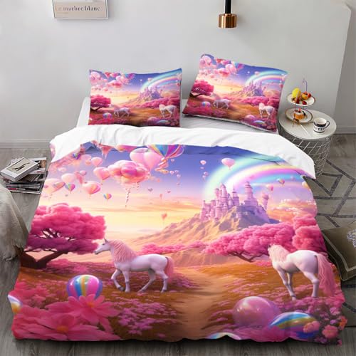 Zbeiba Bettwäsche 135x200cm Set 3 Teilige,Kinder Junge Mädchen Bettbezug mit Reißverschluss+2 Kissenbezug,Regenbogen Schloss, rosa Heißluftballon und Pferd Motiv?135x200+2 * 80x80,Sti10?