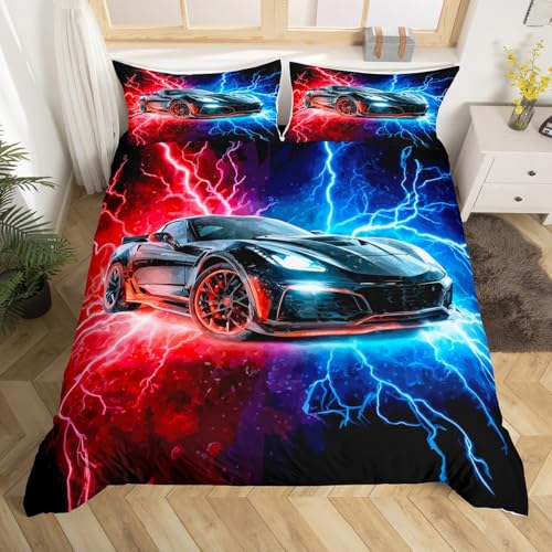 Homemissing Extreme Sport Thema Junge Bettwäsche Set 135x200cm Teenager Kinder Auto Betten Atmungsaktiv Sportwagen Bettwäsche-Set Rennwagen Bettbezug Rot Blau
