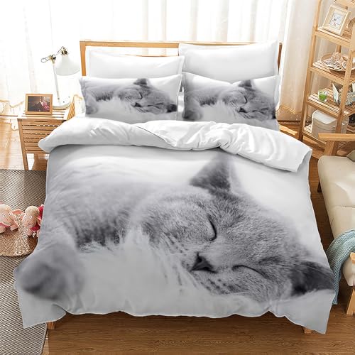 CXYXHW Katze Bettwäsche Set 135x200cm,3D Katzenmotiv Mikrofaser Bettbezug,Haustier Katze Bettwäsche-Sets 3teilig mit Reißverschluss,tierbedru ckte Betten Set für Mädchen Jungen Kinder (D, 135x200cm)