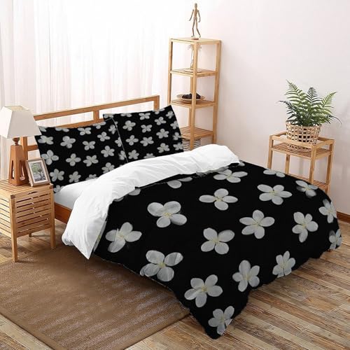 DOXLITVT White Flowers Black Bettwäsche Set Kinderbettwäsche Reißverschluss Mit Kissenbezug Elegant Garden Plants Betten Set Für Jugendliche Kinder Schlafzimmer Double?200x200cm?
