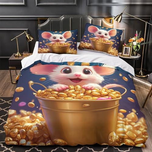 RJAVAGFZL süße Maus Freude 3D-Bedruckt 3er-Set Bettdeckenbezug Cartoon-Fantasy-Stil Steppbezug Mikrofaser Reißverschluss Hypoallergen für Kleinkinder Mädchen Männer Single (135x200cm)