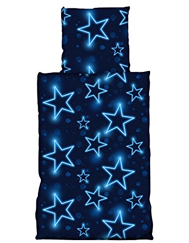 one-home Sterne Bettwäsche 135x200 cm Stars blau leuchtoptik Mikrofaser