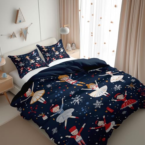 Bettbezug 135 x 200 cm Balletttänzer Weihnachten Thema Dunkelblau Weich und Atmungsaktiv Gewaschene Microfaser Bettwäsche mit 2 Kissenbezug 80x80 cm Einzelbett Bettwäsche Set mit Reißverschluss