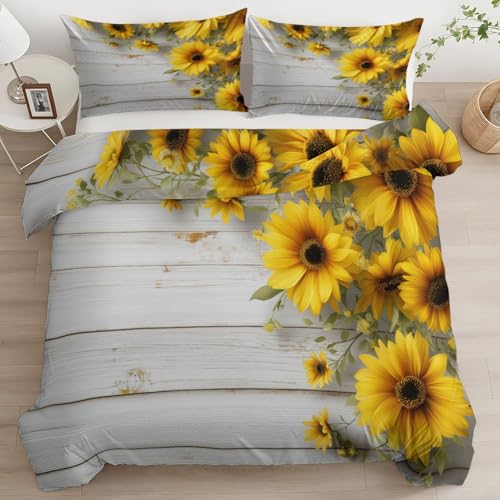 240 x 220 cm Bettwäsche Set Creme, Foto Einer Sonnenblume Mit Holzmaserung Bedruckte Microfaser Wendebettbezug Weiche Mädchen Winter Bettwäsche mit Reißverschluss für Schlafzimmerdekoration