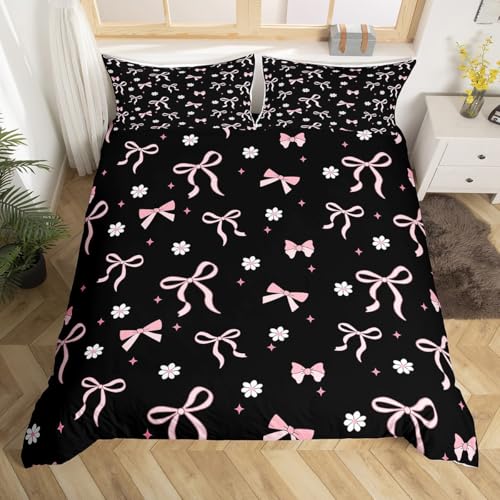 Homewish Bettwäsche 135x200 Mädchen Schwarz mit Rosa Schleifen Kinder Bettbezug 2 Teilig Süße Blumen Bettwäsche-Set Aesthetic Rosa Schleifenmuster Prinzessin Bettset mit Reißverschluss und Kissenbezug