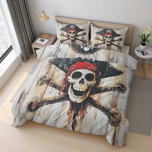 Generisch Pirat Totenkopf Bettwäsche 155x200cm, Holz Plank Rustikal Nautisch Bettwäsche-Sets 2 Teilig, Bettbezug + 1 Kissenbezüge 80x80cm Weich Mikrofaser mit Reißverschluss 21D&-25
