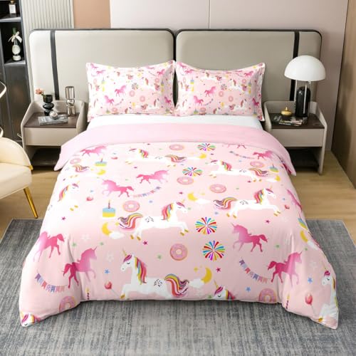 Homemissing Donuts Einhorn Bettwäsche Set 155x220cm für Kinder Jungen Mädchen Teens Pink Tiere Einhorn Bettbezug Schokolade Donut Betten mit 1 Kissenbezug