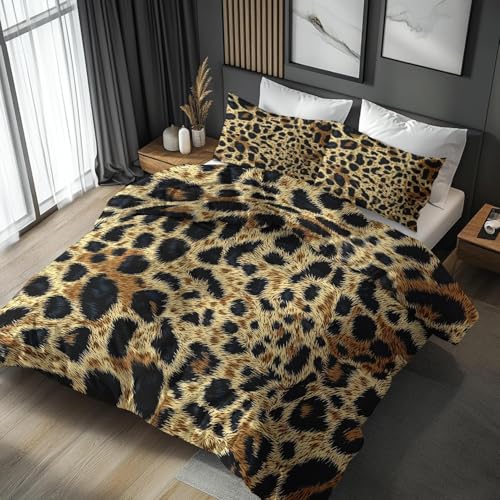 BettwäSche 200x200 Leopard BettwäSche-Sets Microfaser Flauschig Bettzeug Khaki Muster Bettbezug füR MäDchen Jungen und Kissenbezug 80x80 mit ReißVerschluss