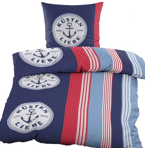 KH-Haushaltshandel 2-TLG. Seersucker Bettwäsche, 135x200 +80x80cm, rot blau, maritim, Anker, bügelfrei (60392)