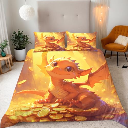 Generisch Goldener Drache Bettwäsche 135X200 Goldener Drache Bettbezug Junge Mädchen 3D Effekt Teenager Bettwäsche-Set Mikrofaser Bettbezug Mit Reißverschluss Und 2 Kissenbezug 80X80Cm