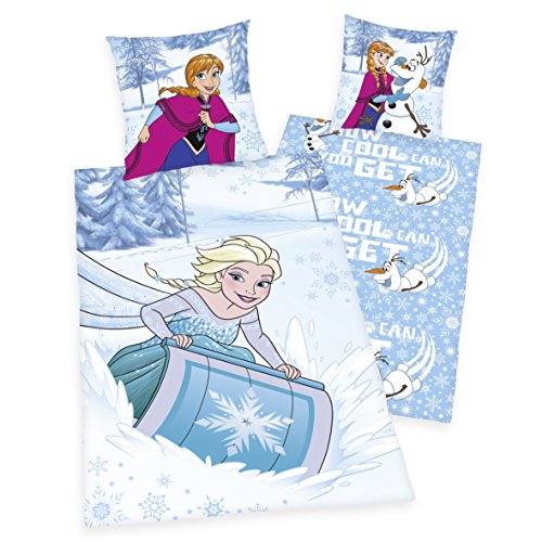 Herding DISNEY'S DIE EISKÖNIGIN Bettwäsche-Set, Kopfkissenbezug 80x80cm, Bettbezug 135x200cm, 100% Baumwolle, Linon, mit praktischer Knopfleiste