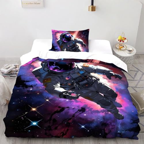 SHOVERKD Violett Astronauten Bettwäsche-Set 3D Druck Sterne Galaxie Für Teens,aus Weicher Microfaser Mit Verstecktem Reißverschluss 3-Teilig Tintel. Kissenbezug Single?135x200cm?