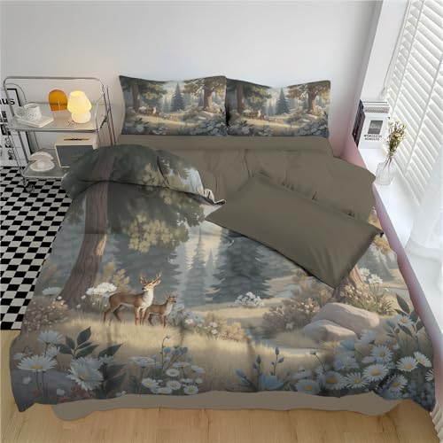 WunM Studio Bettwäsche 200 * 200cm grau Fantasie-Waldszene Bettbezug Set 3 Teilig Hirsch Fuchs Gänseblümchen Blümchen Blumenmuster Weich Bettwäsche-Sets mit 2 Kissenbezüge 80x80 cm und Reißverschluss