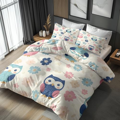 Generisch Eulen Bettwäsche 135x200 Bügelfreie - Blumen Cartoon Vögel Muster, Renforce Wendebettwäsche Bettbezug 2er Set Cozy Mikrofaser Mit Reißverschluss, 1 Kissenbezug 80x80, Geschenk Eulen