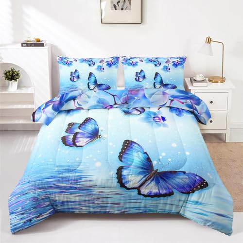HOTRCR 3-teiliges Schmetterling-Bettwäsche -Set, blaues Blumenmuster, für Mädchen und Erwachsene, Schlafzimmer- oder Raumdekoration, Ganzjahresdecke, Mikrofaser-Steppdecke mit 2 Kissenbezügen für