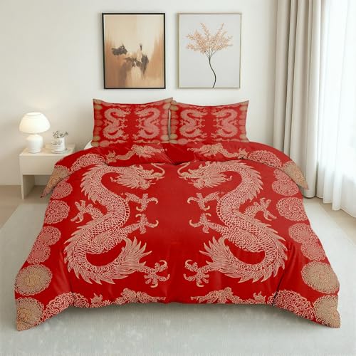 LLponhg Bettwäsche 135x200 Asiatischer Stil Chinesischer Drache Bettwäsche Set Weich Microfaser Kuschelige Bettwäsche, Orientalische Elemente Drache Wendebettwäsche Bettbezug und Kissenbezug 80x80cm