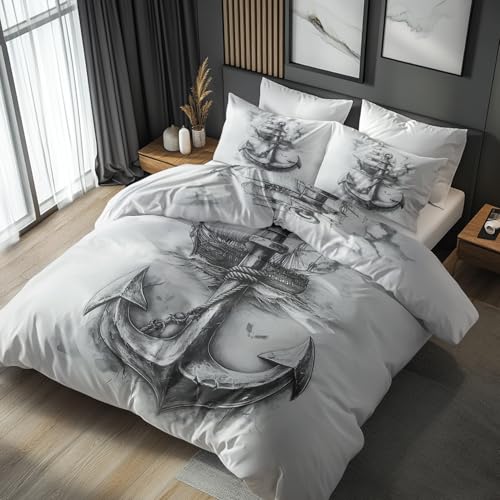 Generisch Bettwäsche 135x200 Küste Ankers, Weiche Bügelfreie Mikrofaser Bettbezug Set 2tlg, Segelschiff Ozeane Muster Schlafzimmer Deko, 1 Kissenbezug 80x80, mit Reißverschluss GAV32
