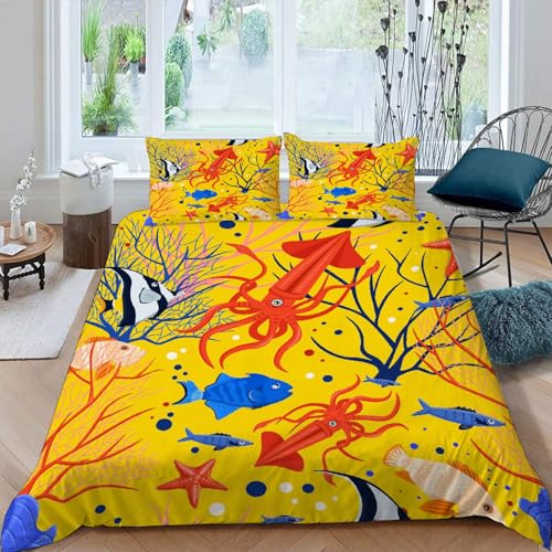 MOXINO 3D Maritime Bettwäsche 135x200 cm 2teilig Fisch Oktopus Bettwäsche für Kinder Leicht Mikrofaser Bettbezug Sommer Weiche Bettbezüge mit Kissenbezüge 50x75?Muster 109-12?