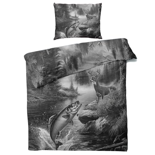 Generisch Fisch Hirsch Bettwäsche 140x200, 2teilig - Jagd Hütte Bettbezug und 1 Kissenbezug 70x90, Wendebettwäsche, Schlafzimmer Deko, Mikrofaser, mit Reißverschluss SD-1753