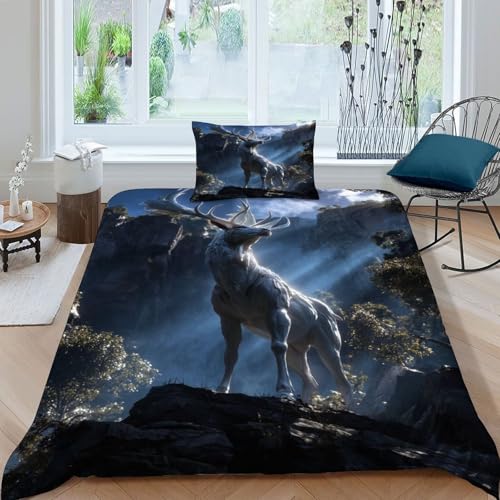 HOGDISAJD Weißer Hirsch Berg Bettwäsche Weiche Feder Jungle Tiers 3D Gedruckt Bettdeckenbezug + 1 Kissenbezug Luxus Bettbezug Set 2Pcs Für Kinder Jugendliche Single?135x200cm?