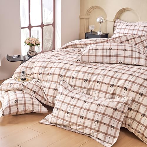Covebett Bettwäsche 135x200 Braun Kariert mit Schleifen Aesthetic Bettbezug Set 2teilig Karo Schwarz Schleifenmuster Renforcé Microfaser Deckenbezug mit Reißverschluss und Kissenbezug 80x80cm