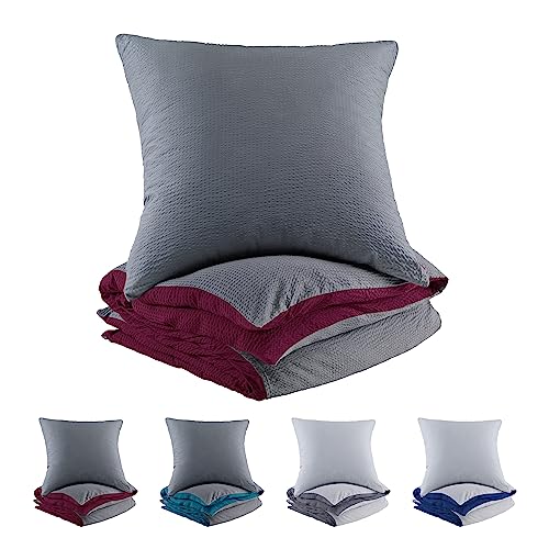 BaSaTex Mikrofaser Seersucker Bettwäsche und Kissenbezug Uni Wende Bettbezug für Bettdecke und Kissen| 135x200 + 80x80 | 100% Microfaser Polyester | Bordeaux Rot - Grau Anthrazit