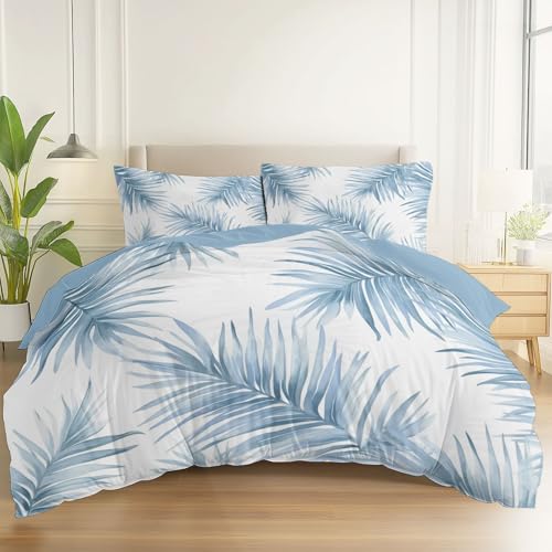 Bettwäsche Tropischer StilPalmblattmuster Bettwäsche Set 3D Microfaser Luxus Bettbezug Set 230 x 220 cm und 2 Kissenbezüge 80x80cm mit Reißverschluss Hellblau Weiß