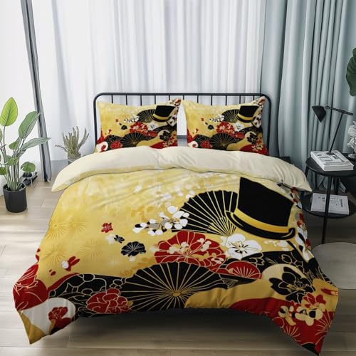 Bettbezüge Set Orientalisch Traditionell Japanischer Stil Thema, Microfaser Bettbezüge für Erwachsene Jugendliche, Sommer-Bettwäsche-Set 1 Bettbezug 135 x 200 cm und 2 Kissenbezug, Aprikose