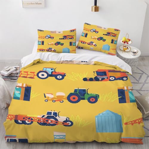 Generisch 3D Cartoon Traktor Bettwäsche 135x200 cm 2teilig Cartoon LKW Bettbezug mit Reißverschluss 100% Mikrofaser Leicht Atmungsaktive Bettwaren Set mit Kissenbezüge 50x75?Muster 33-13?
