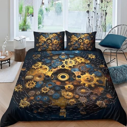 Bettwäsche Retro-Metallgetriebe 3D Druck Bettwäsche Set Mikrofaser Weiche Bettbezug 3 Teilig Bettbezüge Mit Reißverschluss Und 2 Kissenbezug - Atmungsaktiv Bequem Und Pflegeleicht 90X1-49846195561113