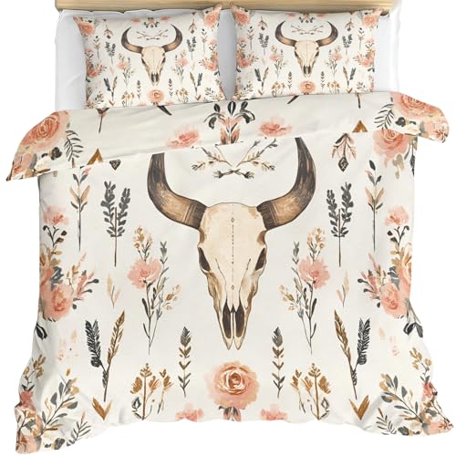 Bettwäsche Set mit Kuhschädel 135 X 200 cm Blumenbett Set Natur Botanische Rose Wildblume Bettbezüge mit Blättern und Federn Weiche Mikrofaser Bohemian Western Bettbezug und Kissenbezug 3 Teilig