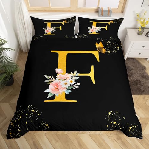 Homemissing Blumen Floral Bettwäsche Set 135x200cm Schmetterling Bettwäsche-Set Alphabet Personalisierte Initial Schwarz Goldener Buchstabe F Bettbezug mit 1 Kissenbezug mit Reißverschluss