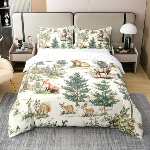 Loussiesd Kinder Niedliches REH 100% Baumwolle Bettwäsche Set 155x220cm Anlter Hunting Bettbezug für Kinder Cartoon Fuchs Kaninchen Betten Rustikal Landhaus Waldtiere Wildtiere Bettwäsche-Set