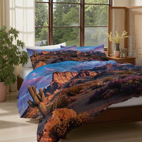 Bettwäsche 240*220cm 3teilig -Kakteen und Berge Naturkulisse: Sonnenuntergang in der Wüste Mikrofaser Bettbezug 240*220cm für Doppelbetten mit 2 Kopfkissenbezüge mit Reißverschluss 80x80,blau-violett