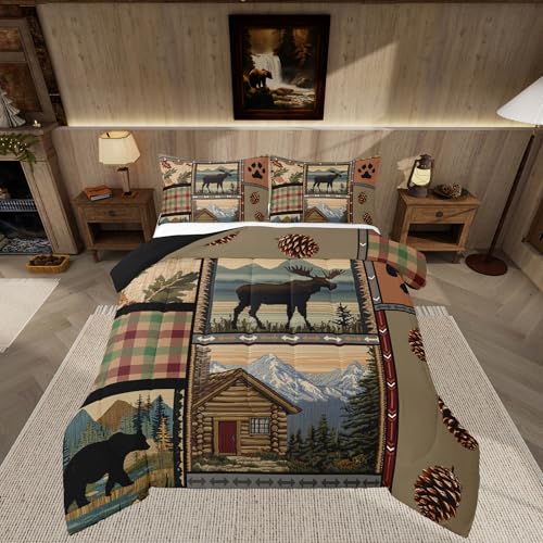Feelyou Rustikales Lodge Bear Elch-Bettwäsche-Set, volle Größe, Retro, Braun, Bauernhäuser, Wildtier-Bär, Schmusetuch, Hütte, Landhaus, Jagd, Steppdecke, Steppdecke, Pfotenabdrücke, Hütte
