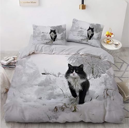 LMMSMGS Bettwäsche 140x200 70x90 Schwarze Katze Bettwäsche-Sets– Weiches Mikrofaser-Set mit Bettbezug 140x200 + 1 Kissenbezüge mit Reißverschluss Eckbinder für Mädchen Jungen