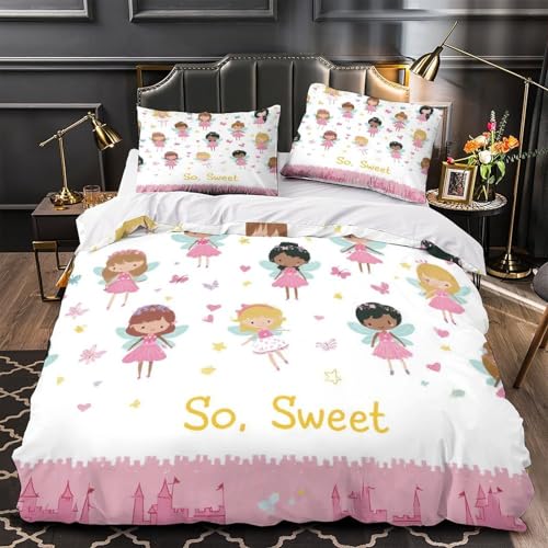 RJAVAGFZL Feenmädchen 3D-Bedruckt 3er-Set Bettdeckenbezug süßes Cartoon-Design Kuschelbezug Mikrofaser Atmungsaktiv Reißverschluss für Jungen Mädchen Erwachsene Single?140x200cm?