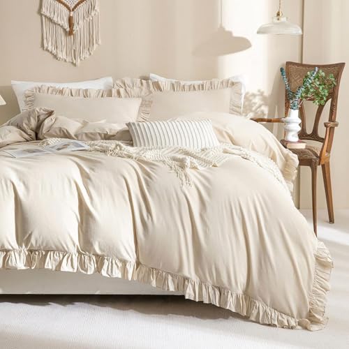 AShanlan Bettwäsche Rüschen 135x200 Beige Uni Einfarbig Romantisch Rüschenbettwäsche Set 2 Teilig Microfaser Deckenbezug mit Kissenbezug 80x80 cm Reißverschluss
