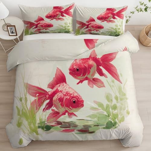 Bettwäsche 200 x 200 cm 3-teiliges Set, Aesthetic Wende Orientalische Traditionelle Fische Wasserpflanzen Bettwäsche Set, Atmungsaktiv, Maschinenwaschbar Cremefarben Bettbezug mit Reißverschluss