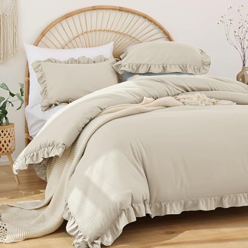 Covebett Rüschen Bettwäsche 200x220 Beige Uni Romantische Rüschenbettwäsche Set Bettbezug Einfarbig Weich Renforce Mikrofaser Doppelbett Deckenbezug mit 2 Kissenbezug 80x80 cm Reißverschluss