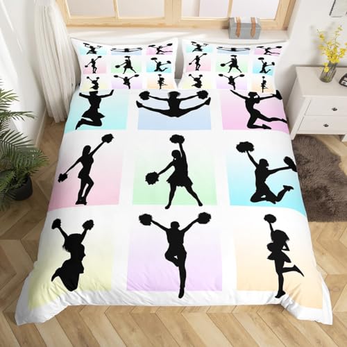 Cheerleading Bettbezug Set S Größe,Cheerleader Silhouette Bettwäsche Set Kinder Mädchen Frau Zimmer Dekor,Regenbogen Bunte quadratische Plaid Tröster Abdeckung Tanzen Sport Liebhaber Quilt Cover