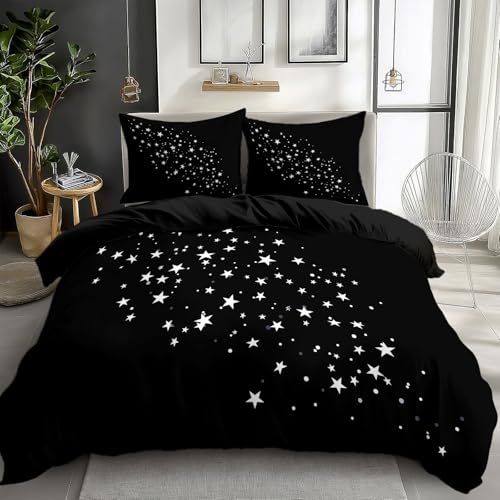 Generisch Bettwäsche 135 x 200 cm Mikrofaser Bettbezug mit Kissenbezug 80 x 80 cm - 3D Bedrucktes Bettwäsche-Set Einfache Weiße Sterne Weich und kuschelig knitterfrei für Teenager Erwachsene, Schwarz
