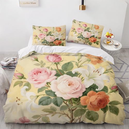 Blumen Bezüge Für Bettdecken, Rose 200X200Cm Bettdecke Sommer Kissenbezug 2 80X80Cm, Lilie Duvet Cover,Klassisch Eleganter Stil Mikrofaser Bettwäsche Bettbezüge