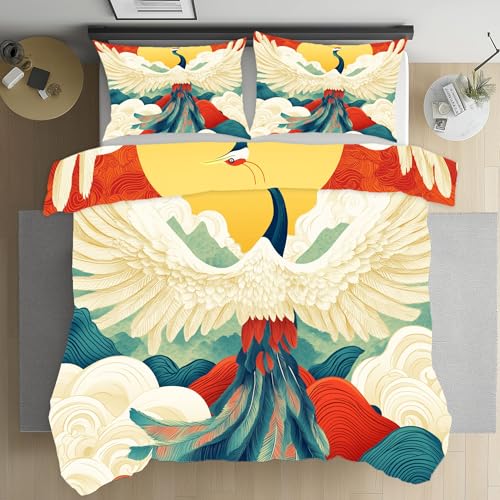 Sobhdga Kran Tierwelt Bettwäsche 135x200 3teilig, Orientalisch Asiatischer Bettwäsche-Sets Mikrofaser, Traditioneller Bettbezug Weich, mit Reißverschluss Und 2 Kissenbezug 80x80 cm