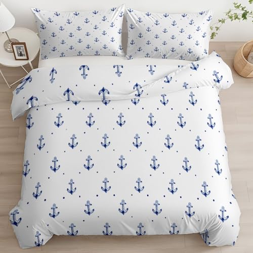 Generisch Bettbezug 200 X 200 cm Weiß Mit 2 Kissenbezügen 80 X 80 cm, Wende Bettwäsche Set Mit Reißverschluss - Microfaser Bettbezug Minimalistischer Cartoon Anker, Für Allergiker Geeignet